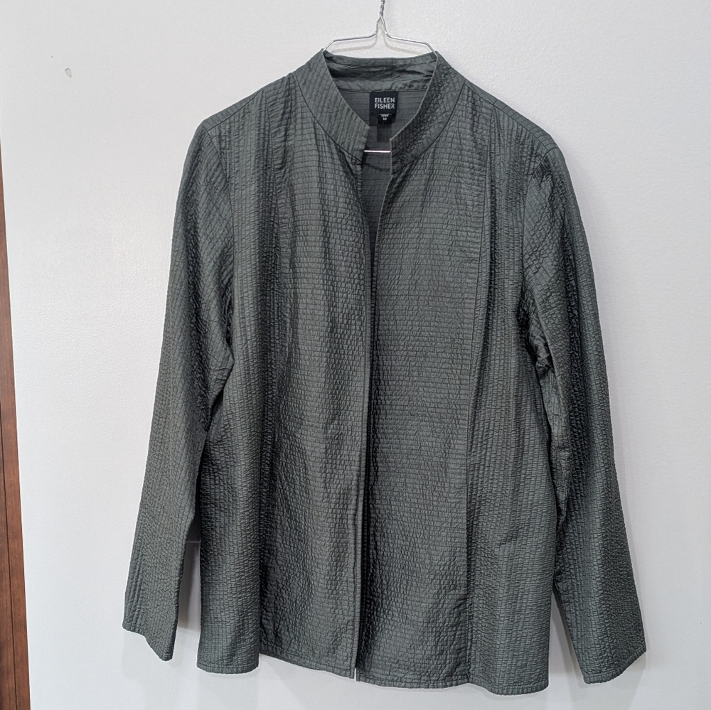 Eileen Fisher Tussah Silk Quilted Jacket Muted Green Pockets Size M Open Front